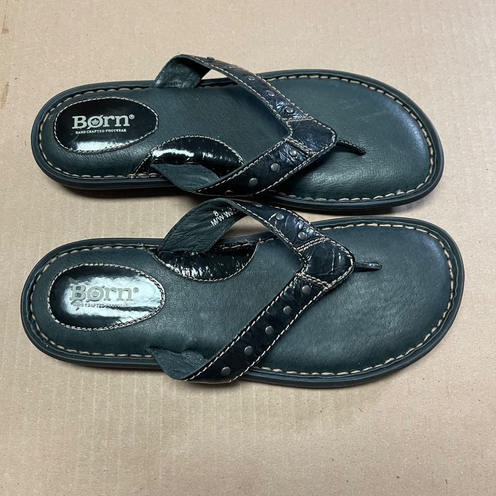 Børn Women's Size 8/39 Handcrafted Black Leather Studded Flip Flop Thong Sandals